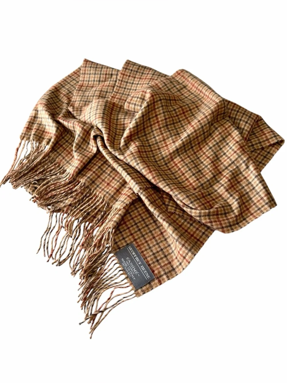 Geoffrey Beene Cashme Made in Italy Plaid Scarf Brown Tan Classic Winter Fringe